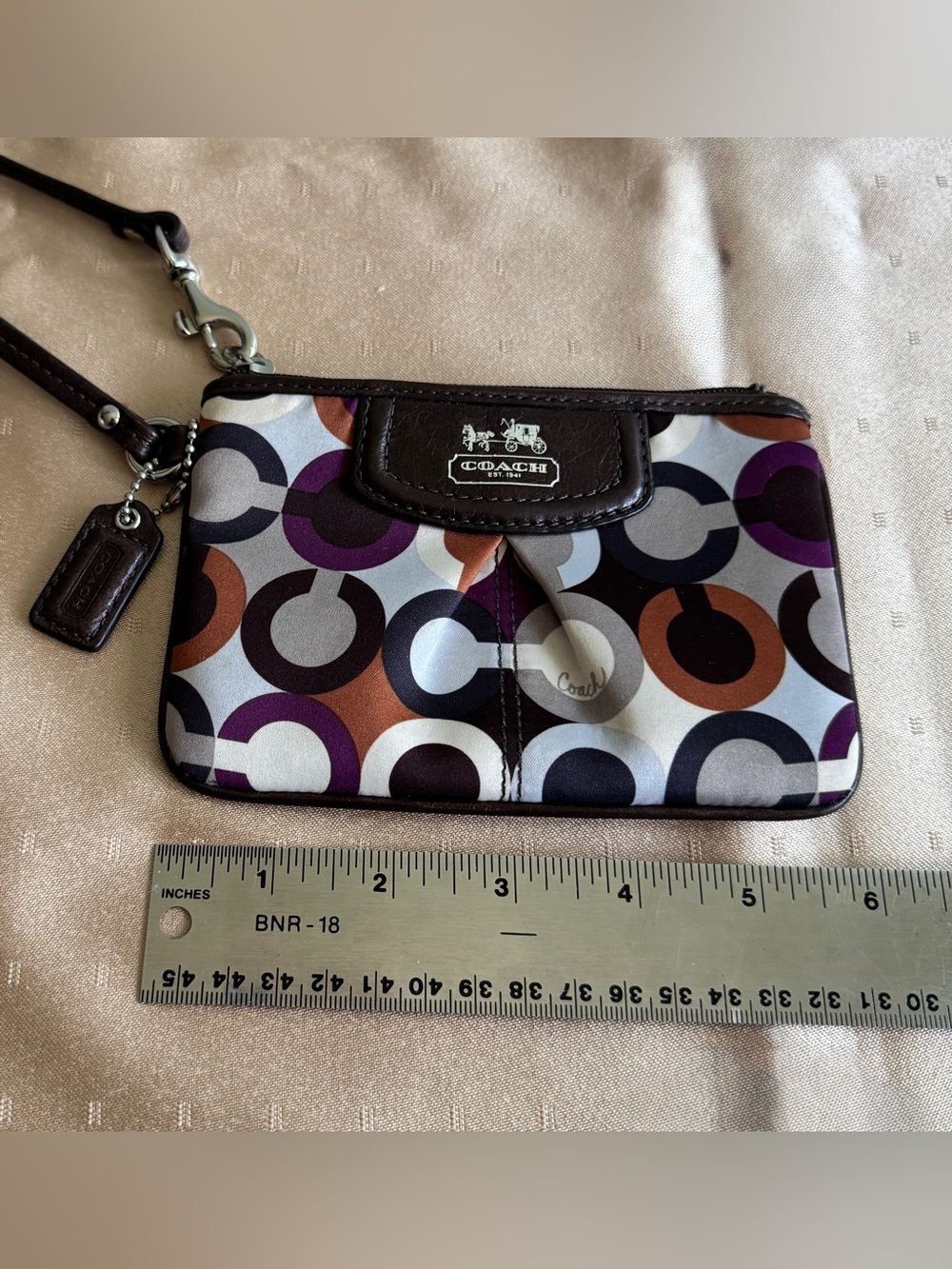 Coach Wristlet Wallet Madison Signature Op Art Sateen Print Brown Leather - Picture 5 of 6